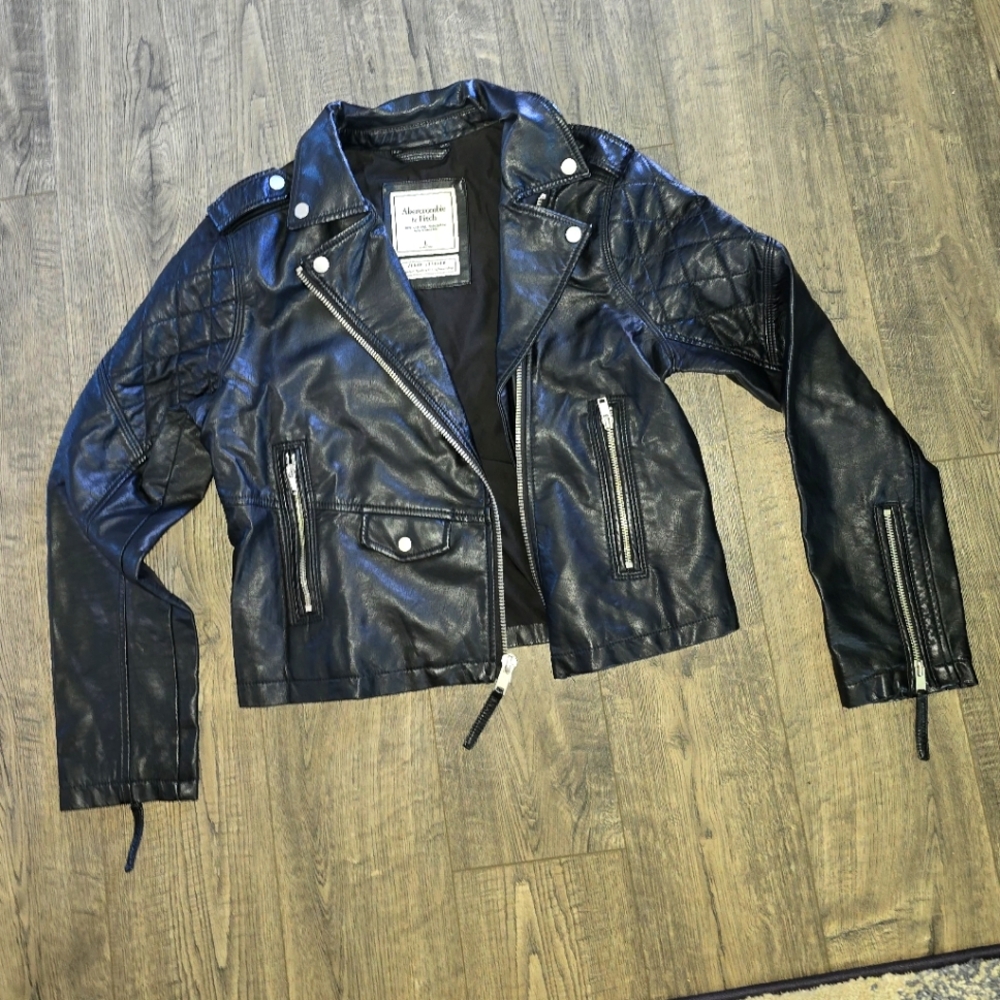 Abercrombie & Fitch Quilted Vegan Black Leather Moto Jacket